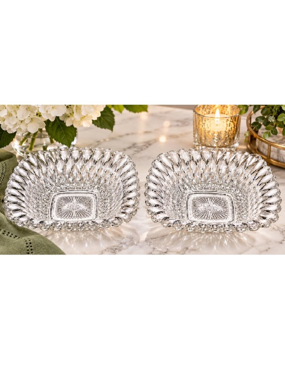 Set of 2 Vtg Indiana Glass Square “Diamond Point”Bowls